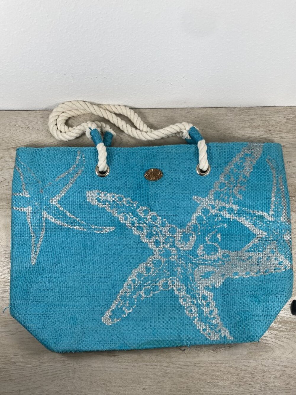 Seafoam Blue Beach Tote with Silver Starfish – Rope Handles